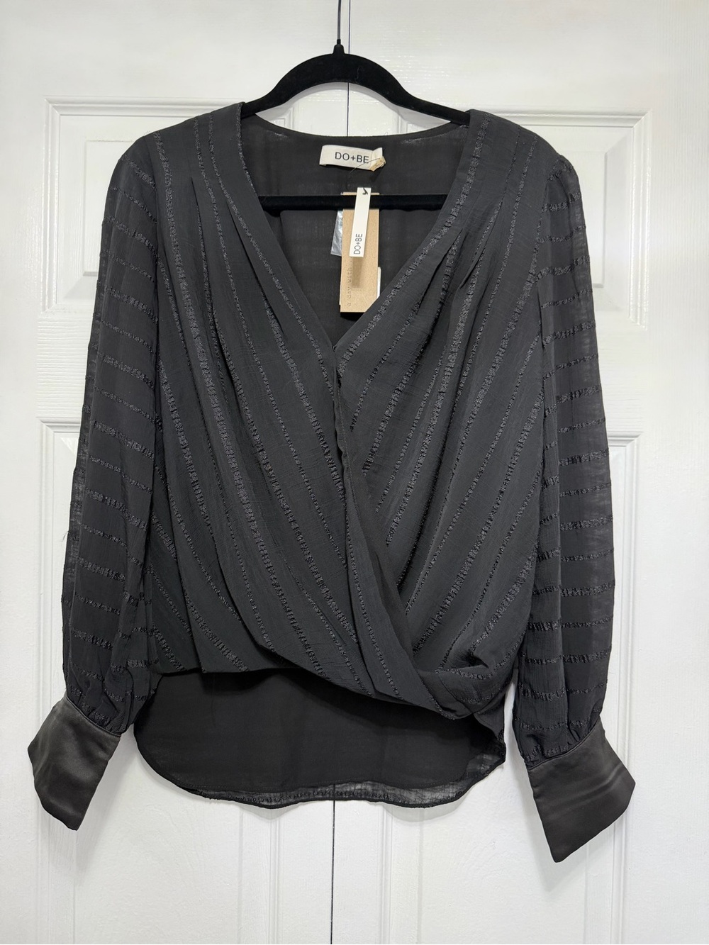 DO+BE Dark Charcoal Draped Wrap Blouse - Long Sleeve